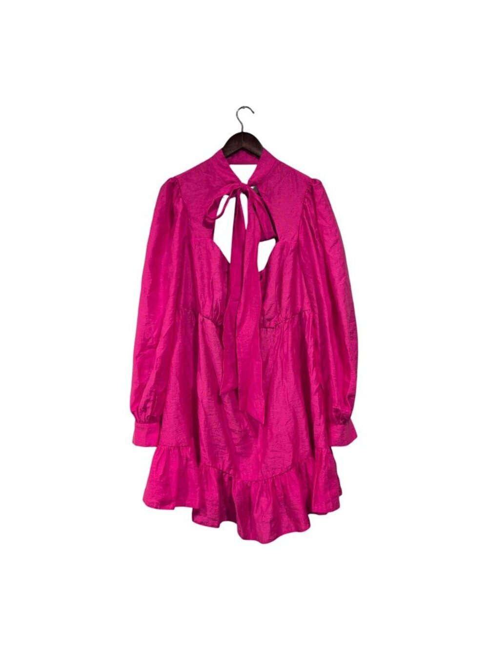 Asos Design Curve Women's Long Sleeved Tie Neck Babydoll Dress Fushia Pink Sz 14